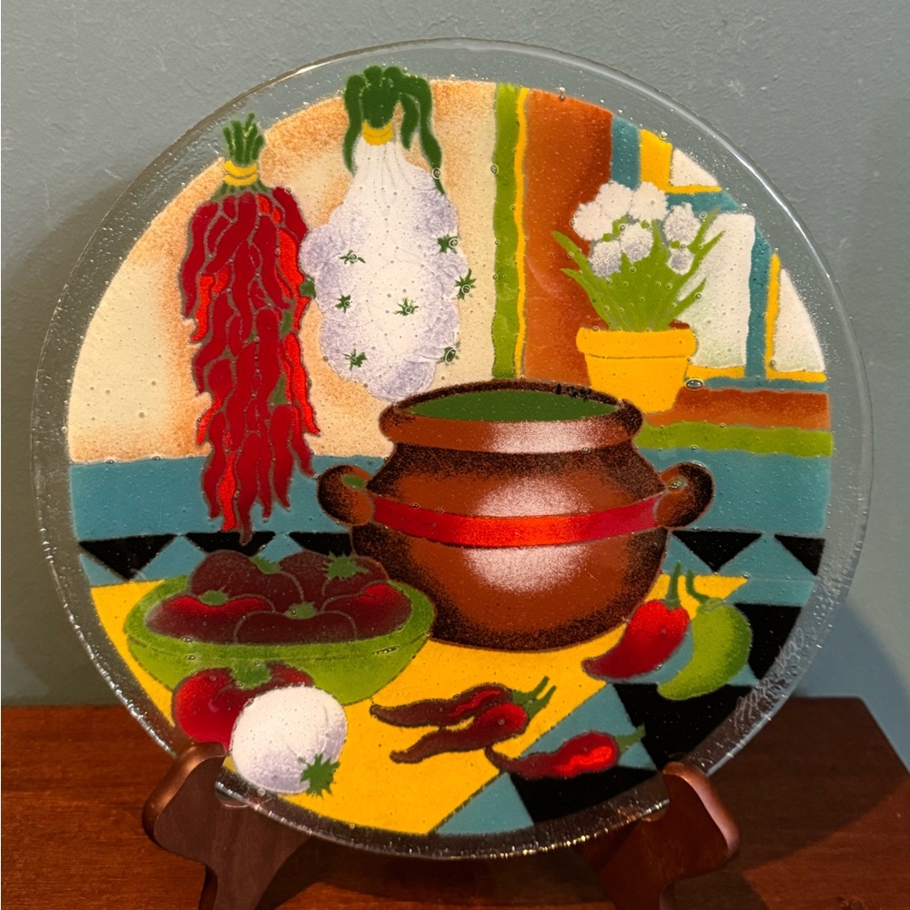 Peggy Karr Fused Art Glass Plate Southwest Fiesta Bean Pot Chili Peppers 11”